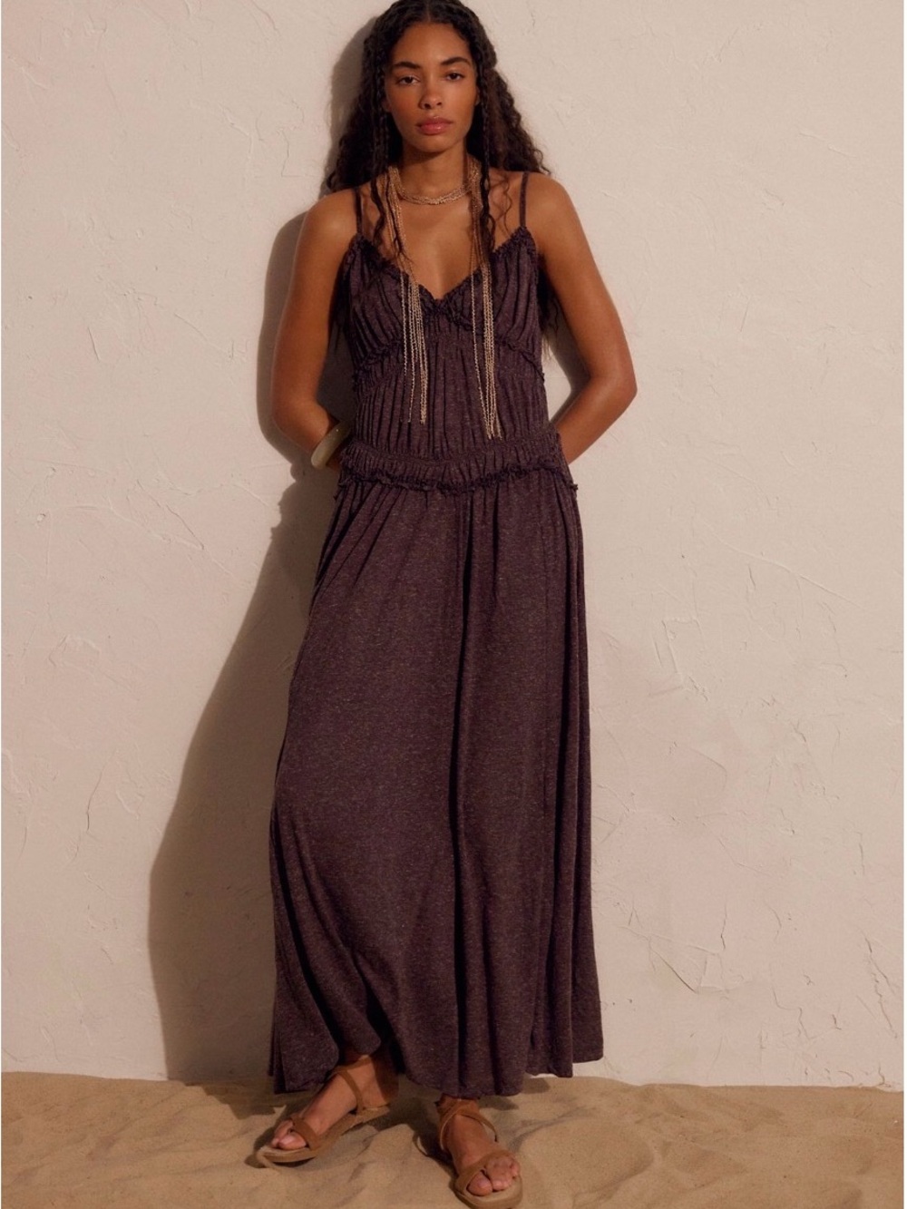 Free People Dark Brown Maxi Dress with Smocked Waist